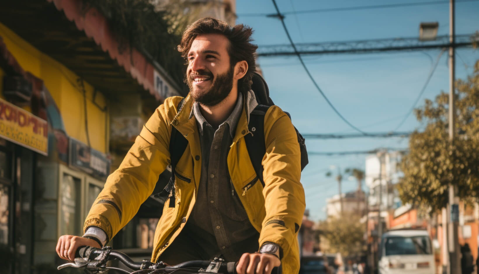 Ciclista con chaqueta amarilla en la ciudad